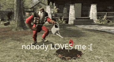 a video game character is watering a plant with the words " nobody loves me " below him