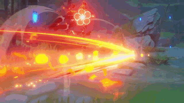 a video game character is using a sword with a flower on it to throw a beam of light .