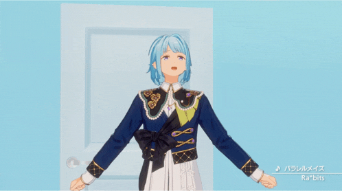 two anime characters are dancing in front of a door with the words rabbits on the bottom