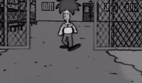 a black and white cartoon of a man with a tie standing in front of a fence