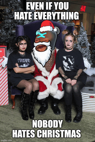 two girls are posing for a picture with santa claus and the caption says even if you hate everything nobody hates christmas