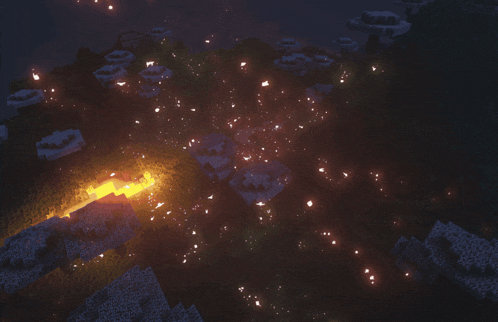 an aerial view of a minecraft world at night with a lot of lights