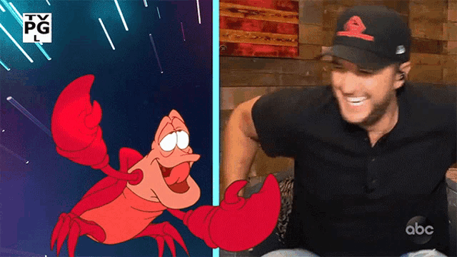a picture of a lobster next to a picture of a man wearing a hat that says abc on it