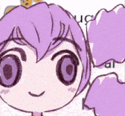 a drawing of a girl with purple hair and a bow