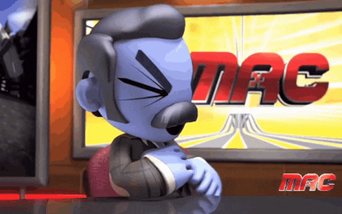 a cartoon character is sitting in front of a mac sign