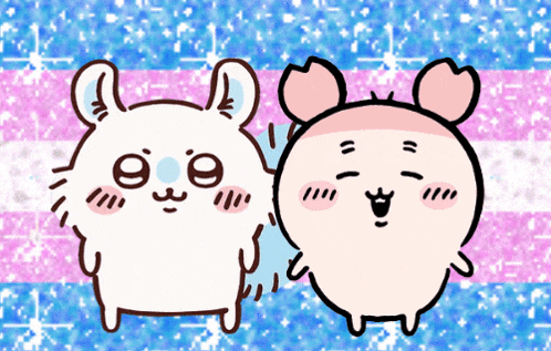 two cartoon characters standing next to each other on a blue and pink background