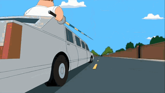 a cartoon character is holding a fishing rod while driving down a road