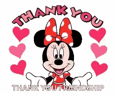 minnie mouse is surrounded by pink hearts and the words `` thank you '' .