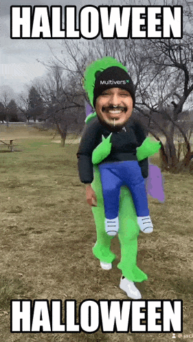 a man in a halloween costume is carrying another man on his shoulders