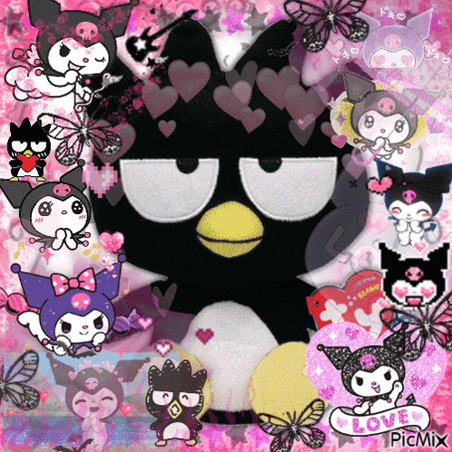 a picture of kuromi with hearts and butterflies and the words love on the bottom right