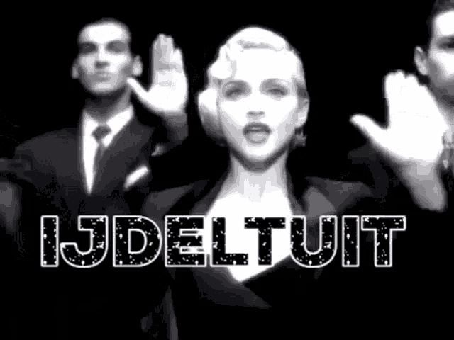 a black and white photo of a man and a woman with the words ijdeltuit written in white letters