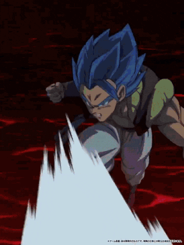 a cartoon character with blue hair and a red background is fighting