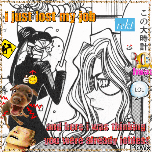a black and white drawing of a woman with the words " i just lost my job " written on it