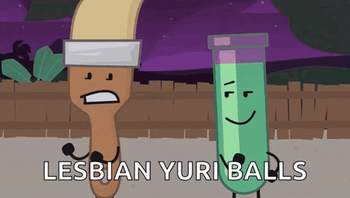 a cartoon of a brush and a test tube with the words lesbian yuri balls on the bottom