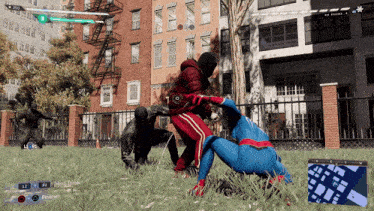 a screenshot of a video game shows a man in a spiderman suit being attacked