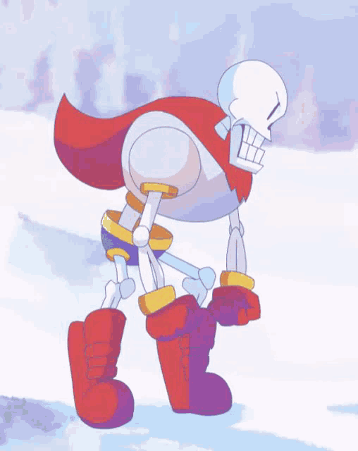 papyrus from undertale is walking in the snow wearing purple boots and a cape .
