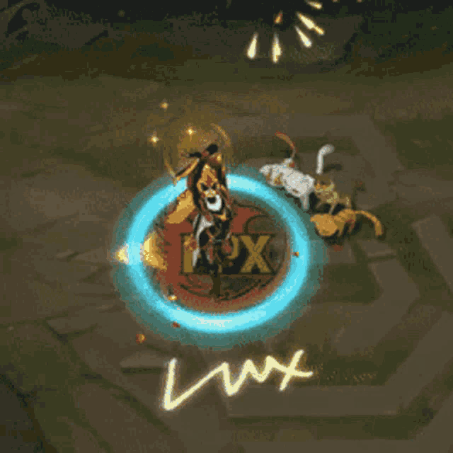 a video game scene with the word lux written in the middle