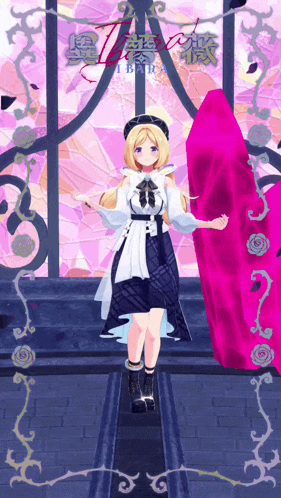a girl is standing in front of a stained glass window holding a pink object