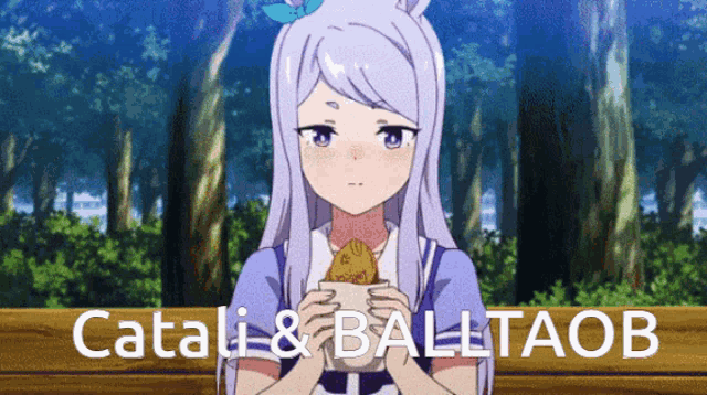 a girl with purple hair is holding a cup of coffee and the words catali & baltaob are below her