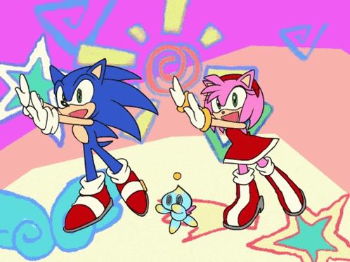 a cartoon of sonic the hedgehog and amy rose on a colorful background