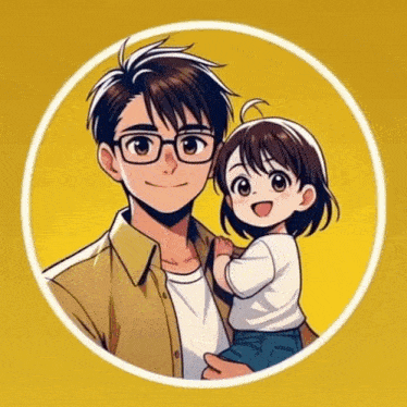 a man is holding a little girl in his arms in a yellow circle .