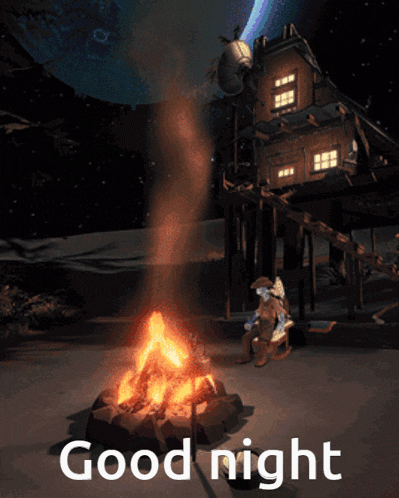a picture of a man sitting by a campfire with the words good night below him