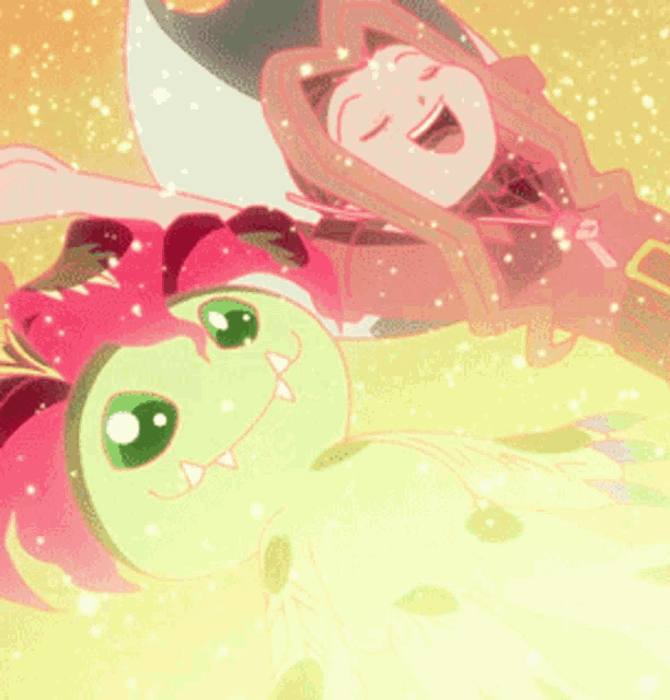 a cartoon of a girl laying next to a monster