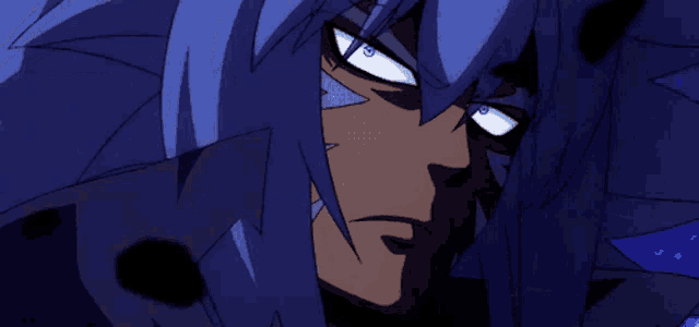 a close up of a person with blue hair and white eyes