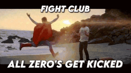 a man in a red cape is jumping in the air on a beach with the words fight club all zero 's get kicked below him