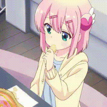 a pink haired anime girl is sitting at a table eating a potato chip .