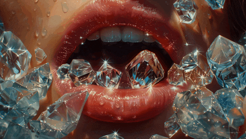 a close up of a woman 's mouth with diamonds in it