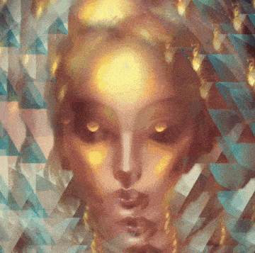 a painting of a woman 's face with triangles surrounding it