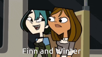 two cartoon characters are sitting next to each other and the words finn and winter are above them