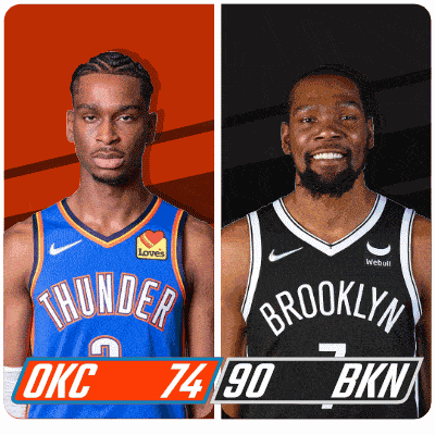 two basketball players from okc and brooklyn are shown