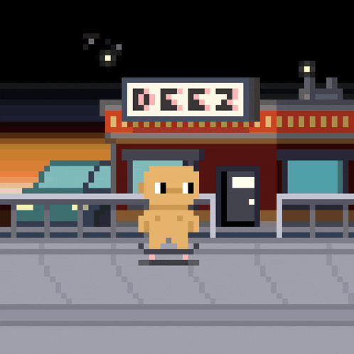 a pixel art drawing of a person standing in front of a building with a sign that says occ2