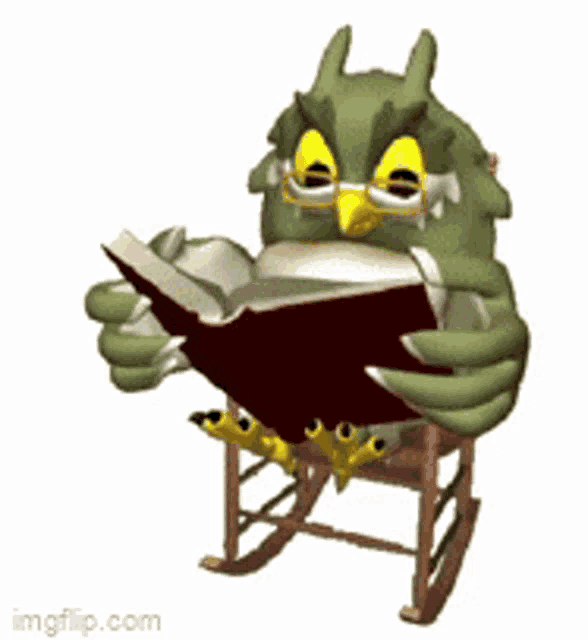 a cartoon owl is reading a book while sitting in a rocking chair