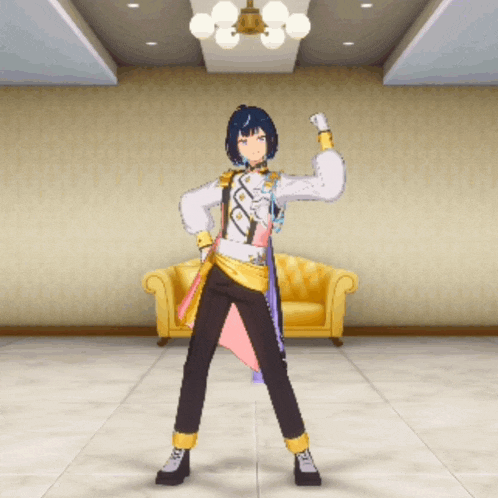 a cartoon character is standing in a room with a yellow couch