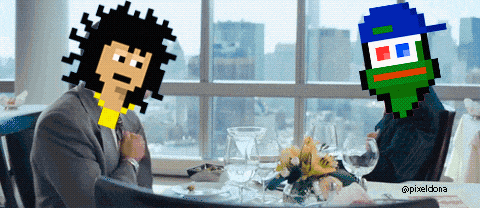 a pixel art of two people sitting at a table with a caption that says @pixeldona