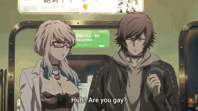 a man and a woman are standing next to each other and one of them is asking the other if they are gay