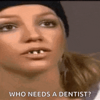 a close up of a woman 's face with a hat on and the words `` who needs a dentist ? ''