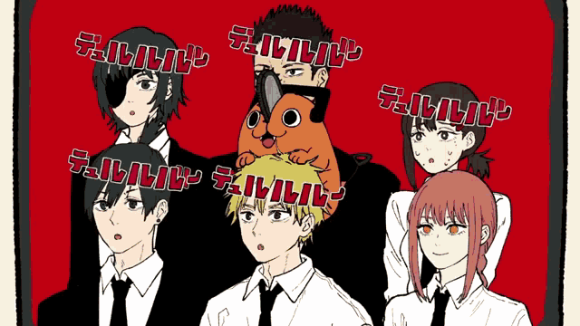 a group of anime characters are standing next to each other with the word devil on the top left
