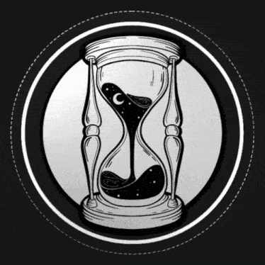 a black and white drawing of a hourglass with a crescent moon inside