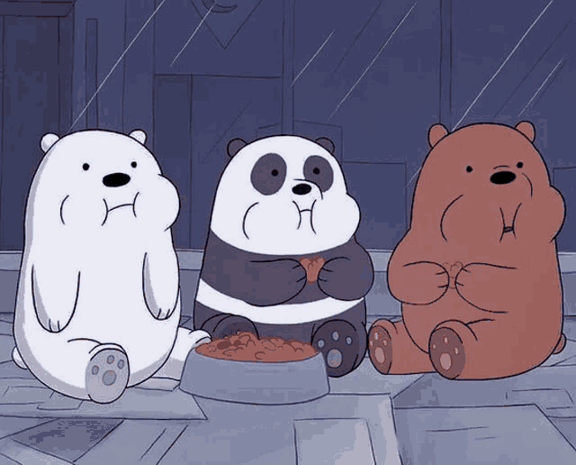 three bears are sitting next to each other and eating food from bowls