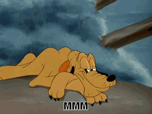 a cartoon dog laying on the ground with the word mmmm written below it