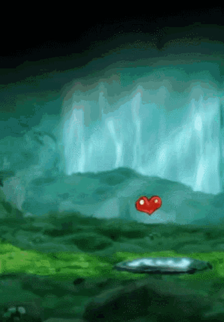 a painting of a waterfall with a red heart floating in the water