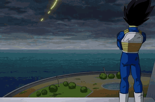 a cartoon character stands on a balcony watching a lightning storm over the ocean