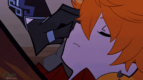 a cartoon drawing of a man with orange hair and a purple background with a heart shaped watermark that says @art_sous