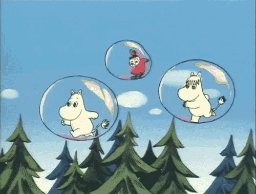 three cartoon characters are flying through bubbles in the sky