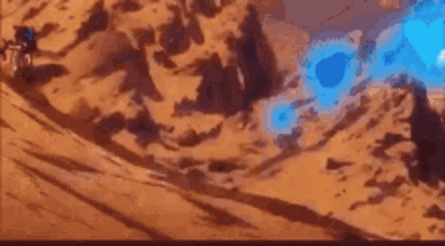 a cartoon character with blue hair is holding a blue sphere in his hands .