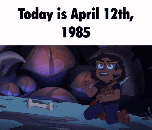 a cartoon of a man with a sword and the date 1985